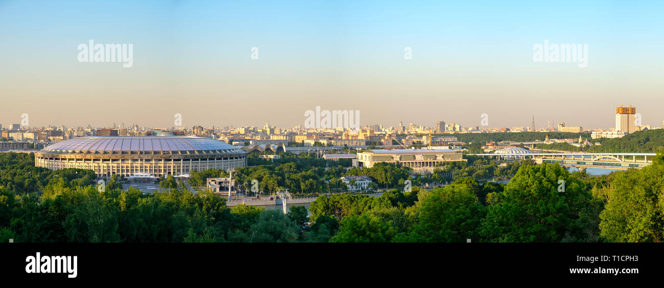 Russia. Moscow. 26/05/18 - Panoramic view of Moscow and the big sports arena of the Olympic complex 'Luzhniki'. Stock Photo