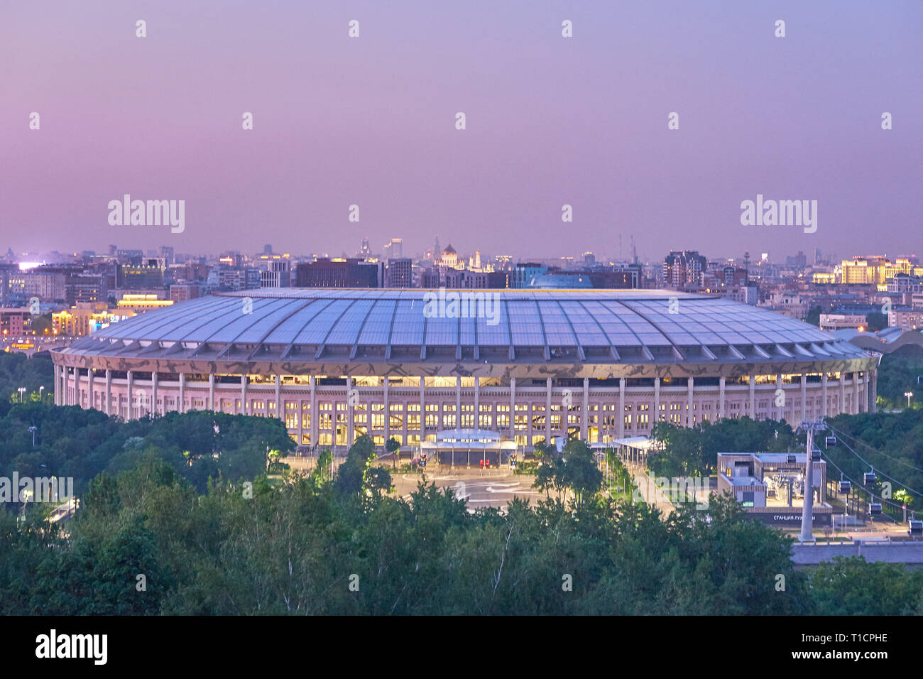 MOSCOW, RUSSIA, JUNE 14, 2018. Night city landscape with view on the big sports arena of the Olympic complex 'Luzhniki'. In first match of FIFA 2018 W Stock Photo