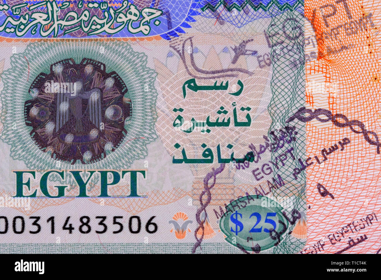 Part photo of Egypt visa with stamp in passport. Visa fee in Egypt $25.  Close up view Stock Photo - Alamy