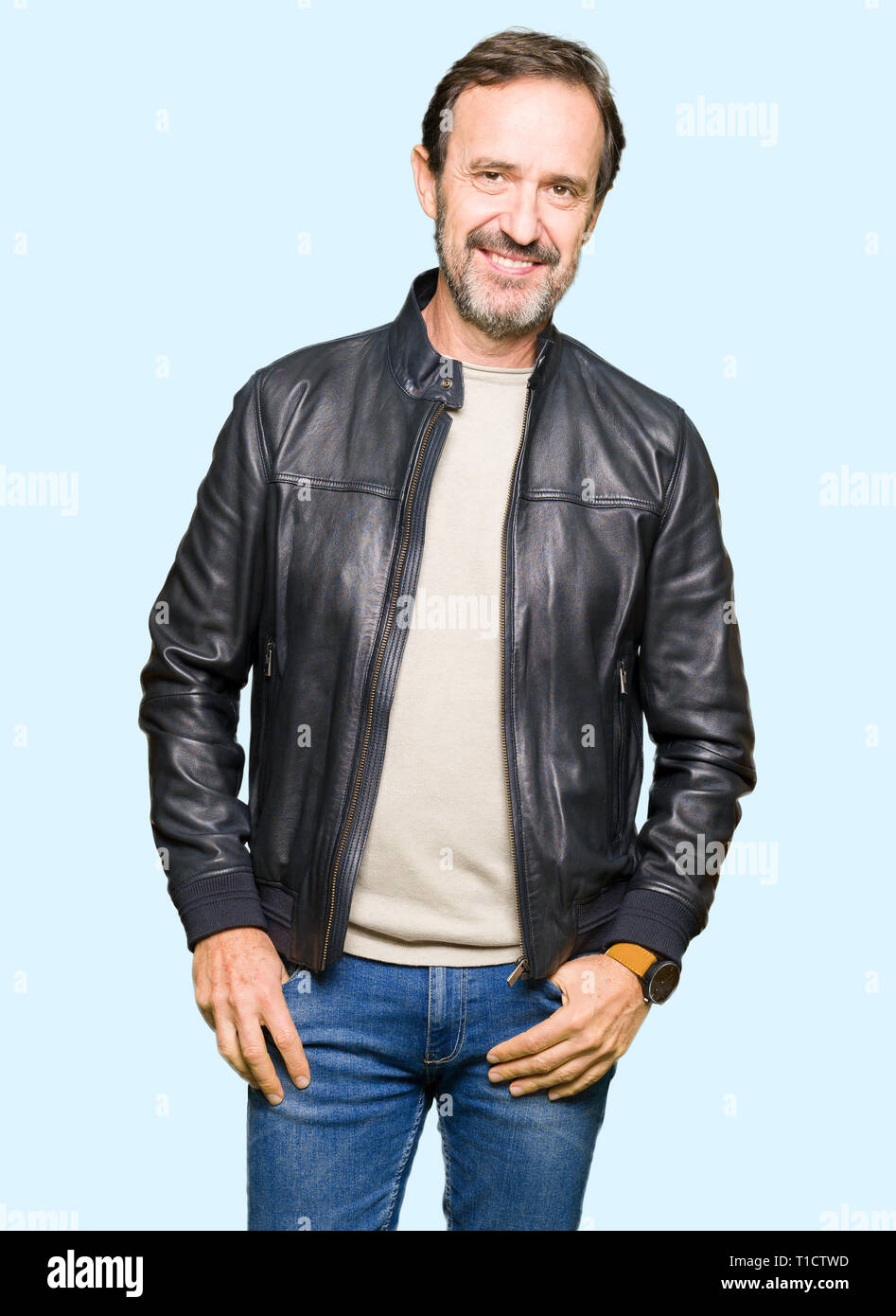 Middle Age Handsome Man Wearing Black Leather Jacket Relaxed With