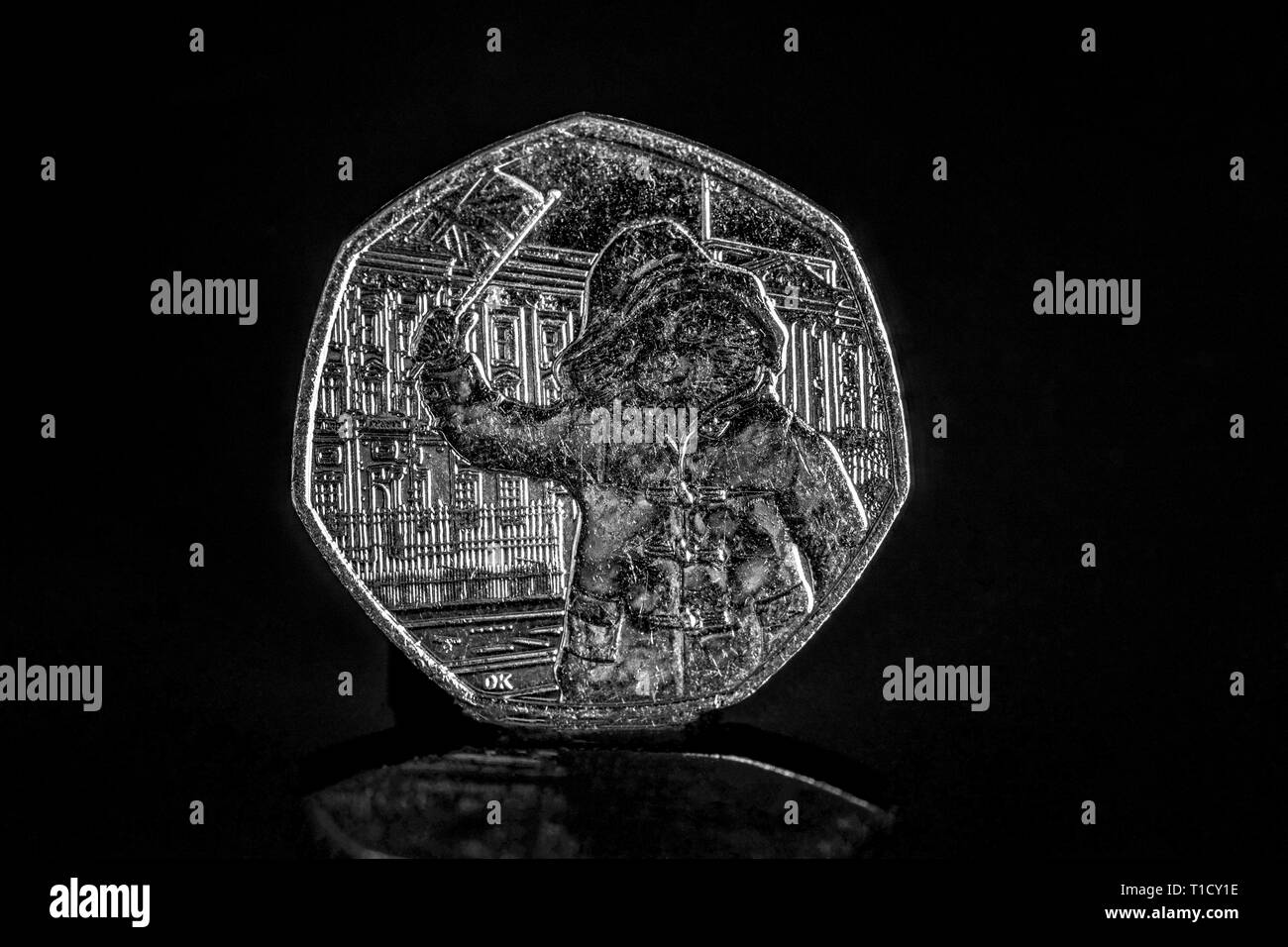 Close up of a UK Paddington’s Big Royal Adventure 50p / 50 pence coin celebrating 60 years of the Paddington Bear 2018 Stock Photo