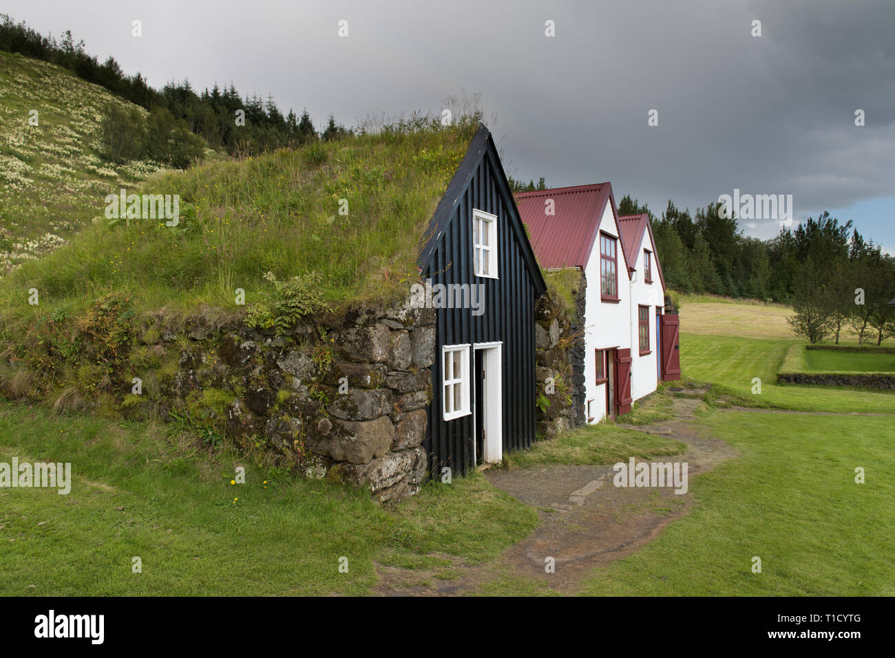 Traditional Icelandic houses with grass roof in Skogar Folk Museum, Iceland Stock Photo