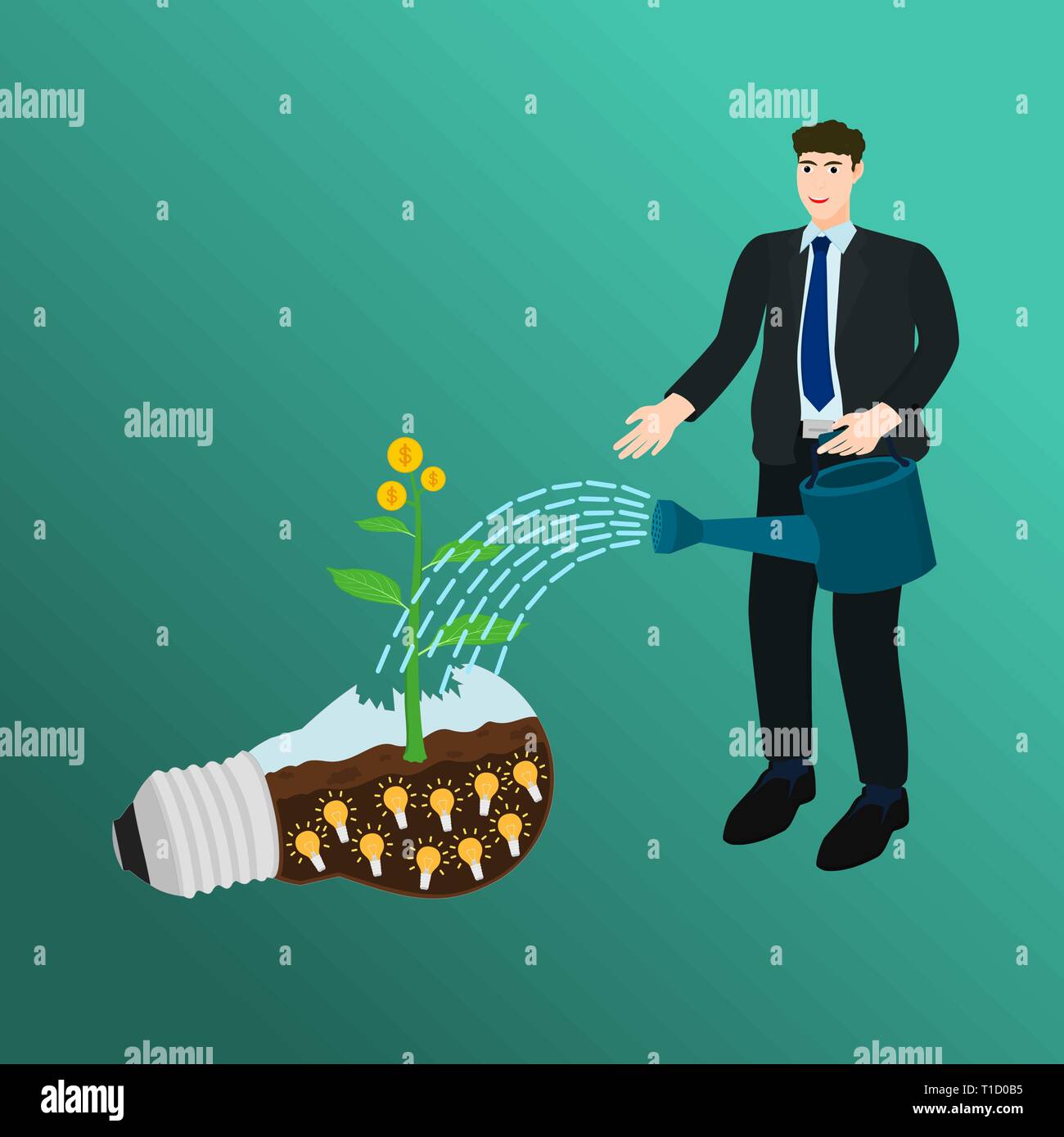 Businessman watering small money tree growth on idea light bulb Stock Vector