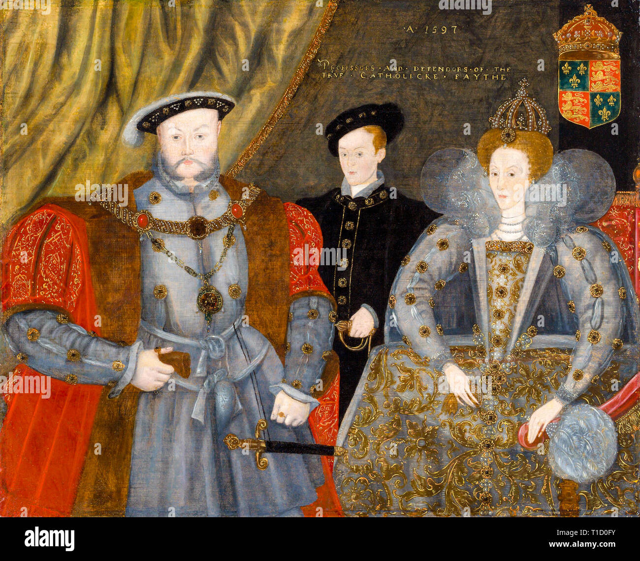 Henry VIII, Elizabeth I, and Edward VI, family group portrait painting, 1597 Stock Photo