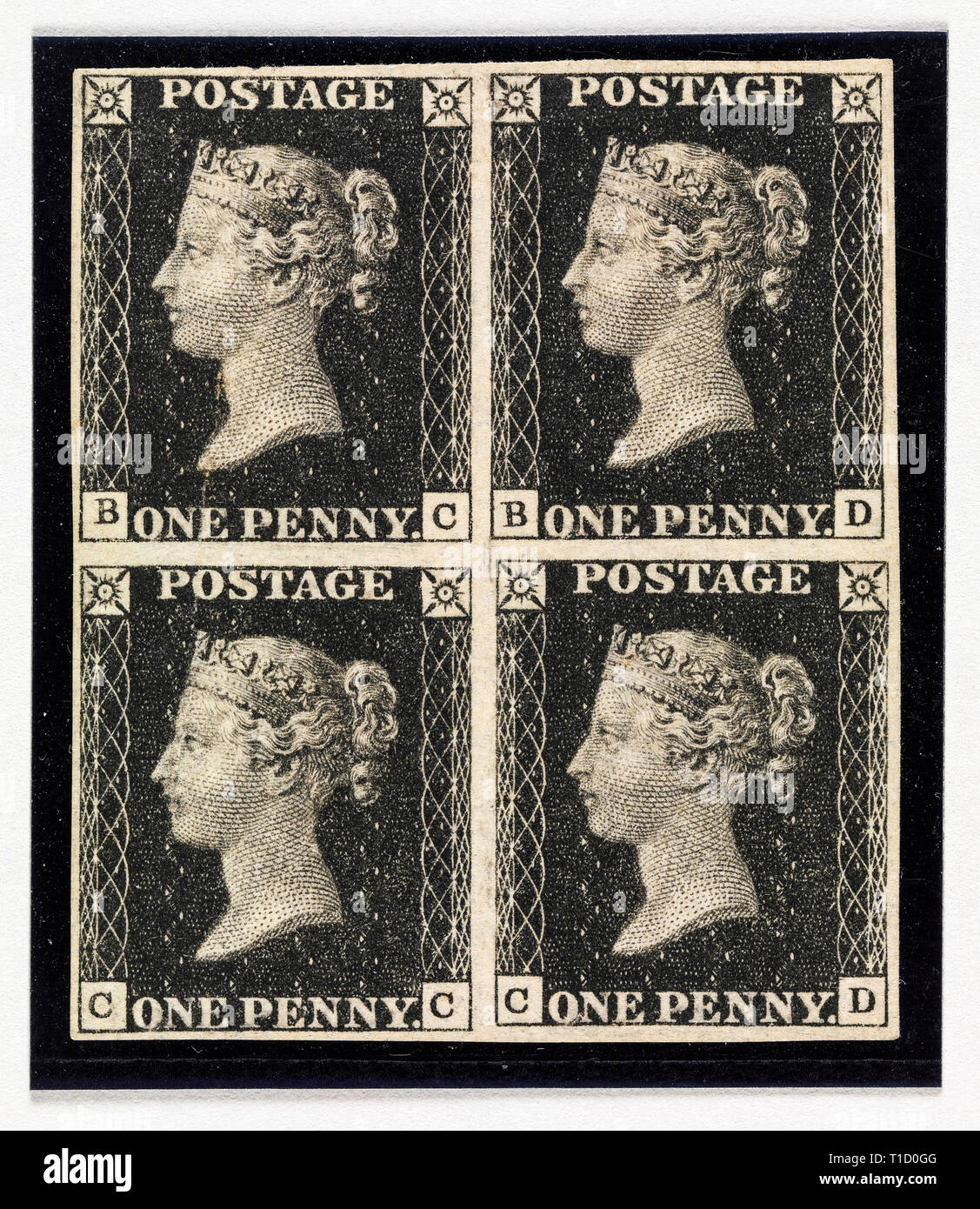 Penny Black postage stamps of Queen Victoria, issued May 6, 1840 Stock Photo