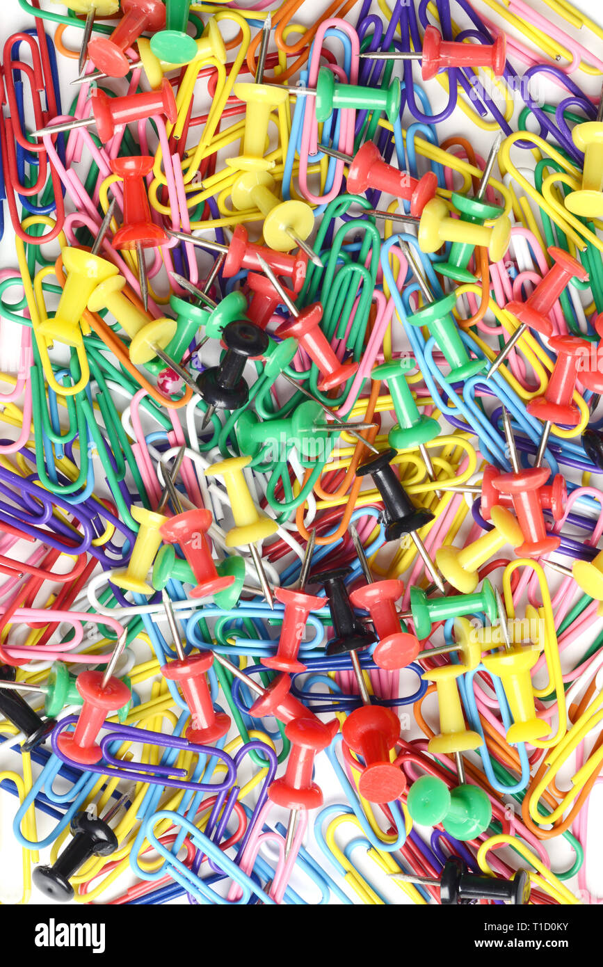 background of push pins and paper clips Stock Photo