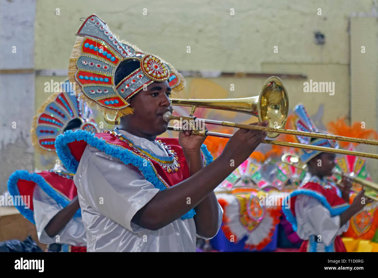 Carneval at Eleuthera island, local plays a trombone, Bahamas, Atlantic ocean, Caribbean Stock Photo