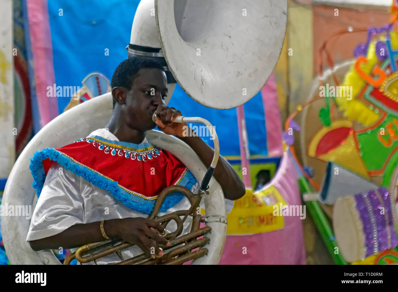 Carneval at Eleuthera island, local plays sousaphone, Bahamas, Atlantic ocean, Caribbean Stock Photo