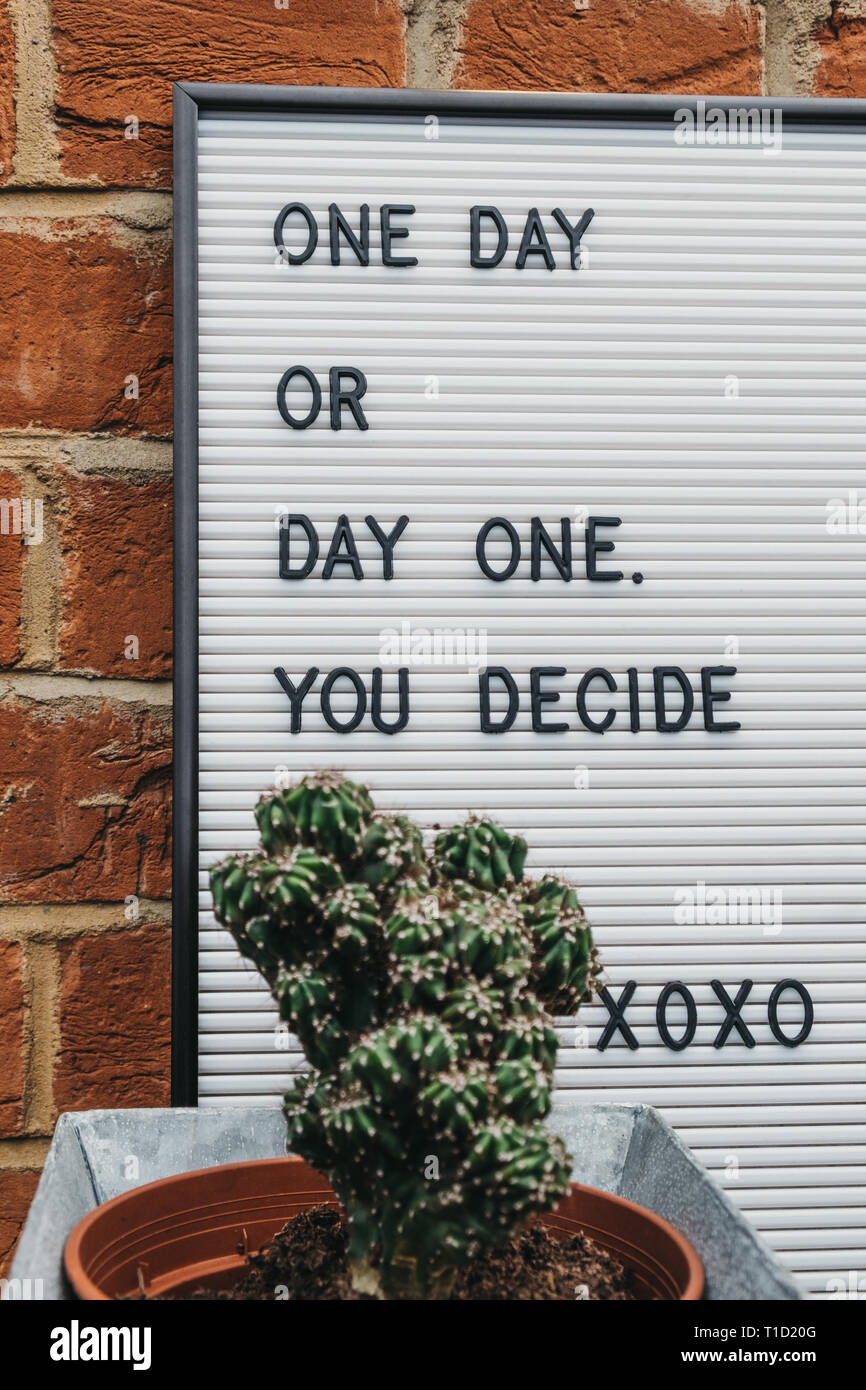 One Day Or Day One Motivational Quote On A White Board Against Brick 