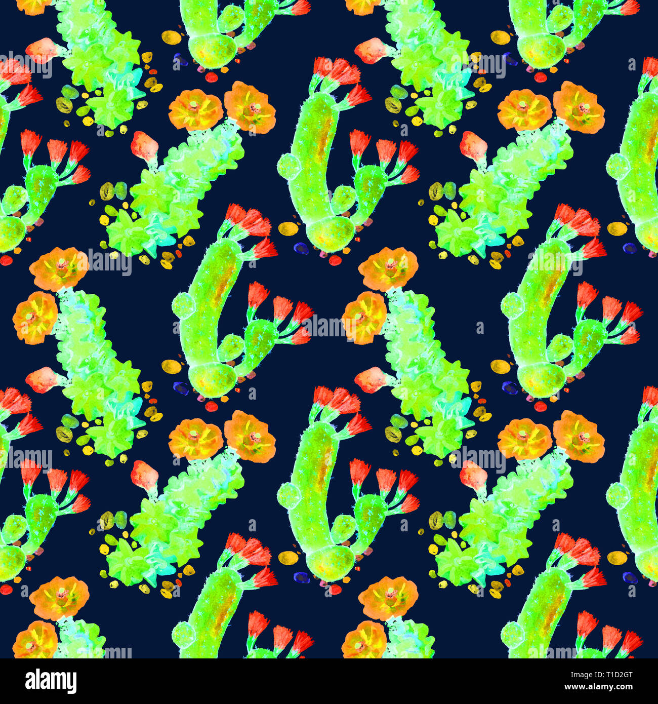 Cactus With Red And Yellow Flowers Seamless Pattern Design In