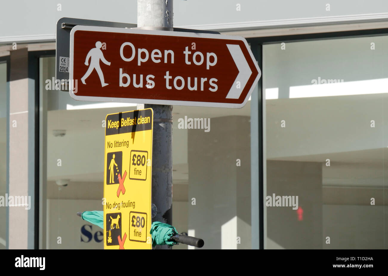 Open Top Bus Tours sign, Belfast Stock Photo