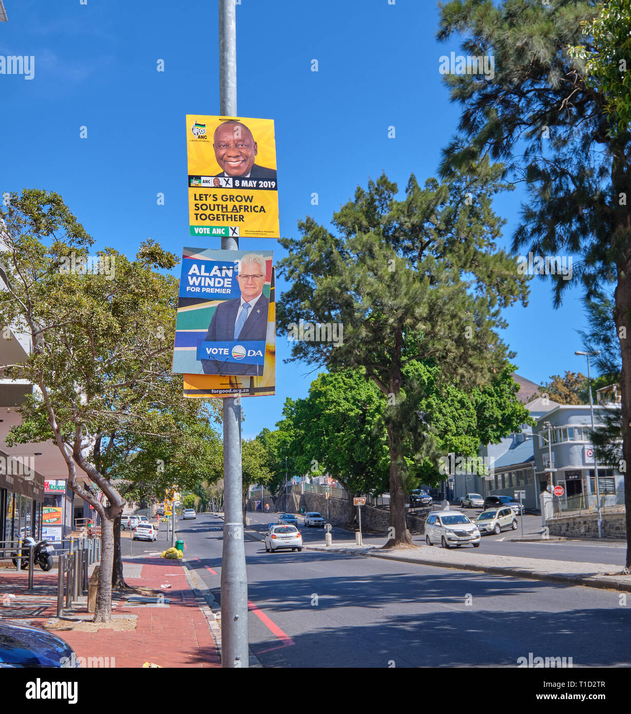 South African election poster for the May 2019 election for the Democratic Alliance and the ANC in Cape Town Stock Photo