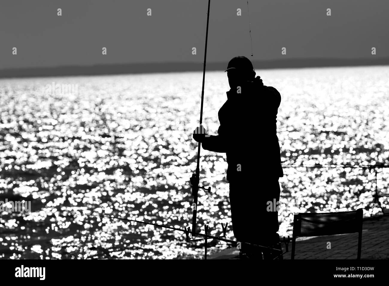 Angler at Lake Balaton, Hungary Stock Photo
