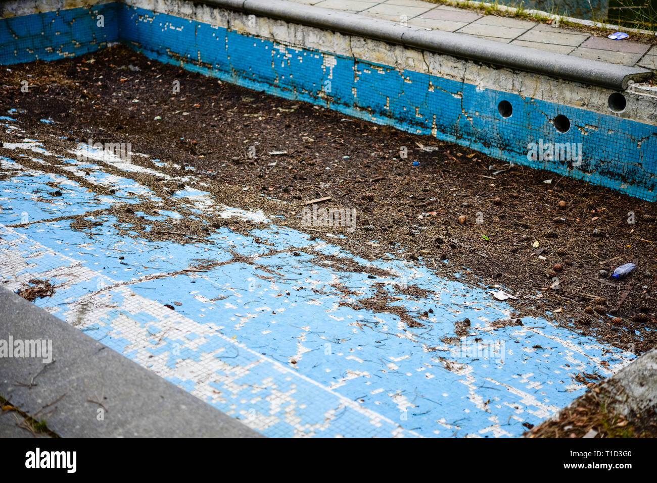 Broken blue azure  retro tiles mosaic in abandoned pool - Berengaria Hotel, Cyprus Stock Photo