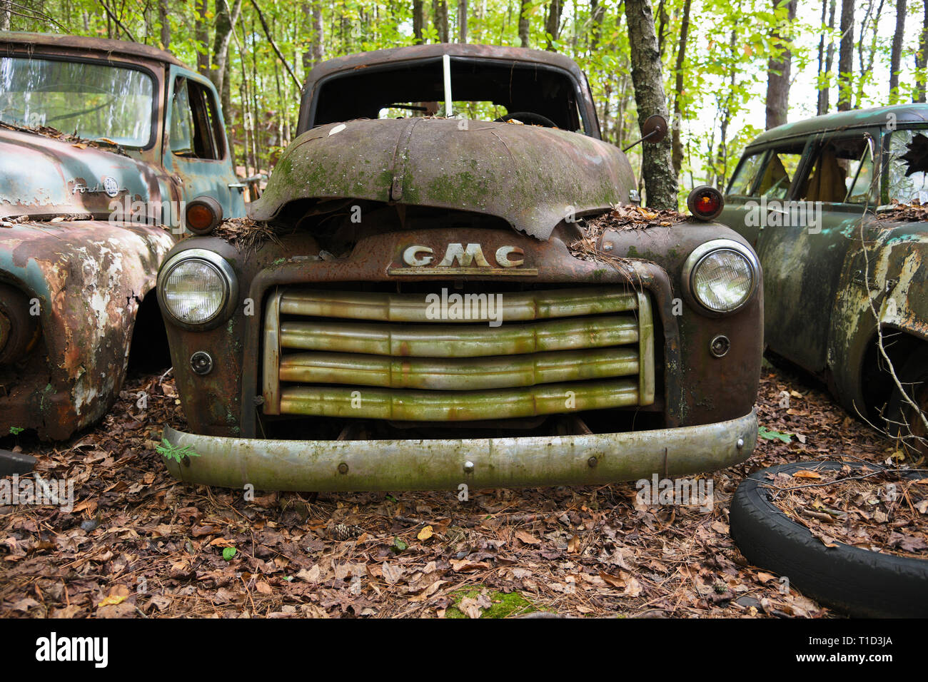 White, GA / USA - October27, 2018 - Close-up Image of an Old Scrap GMC Truck in a Junk Yard Stock Photo