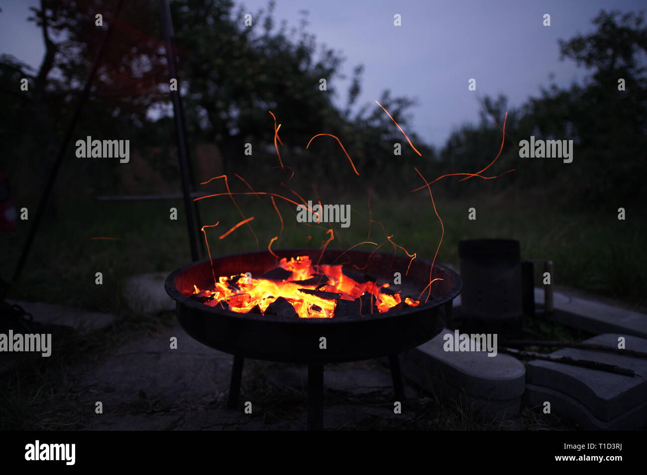 BBQ fire with flying sparks Stock Photo - Alamy