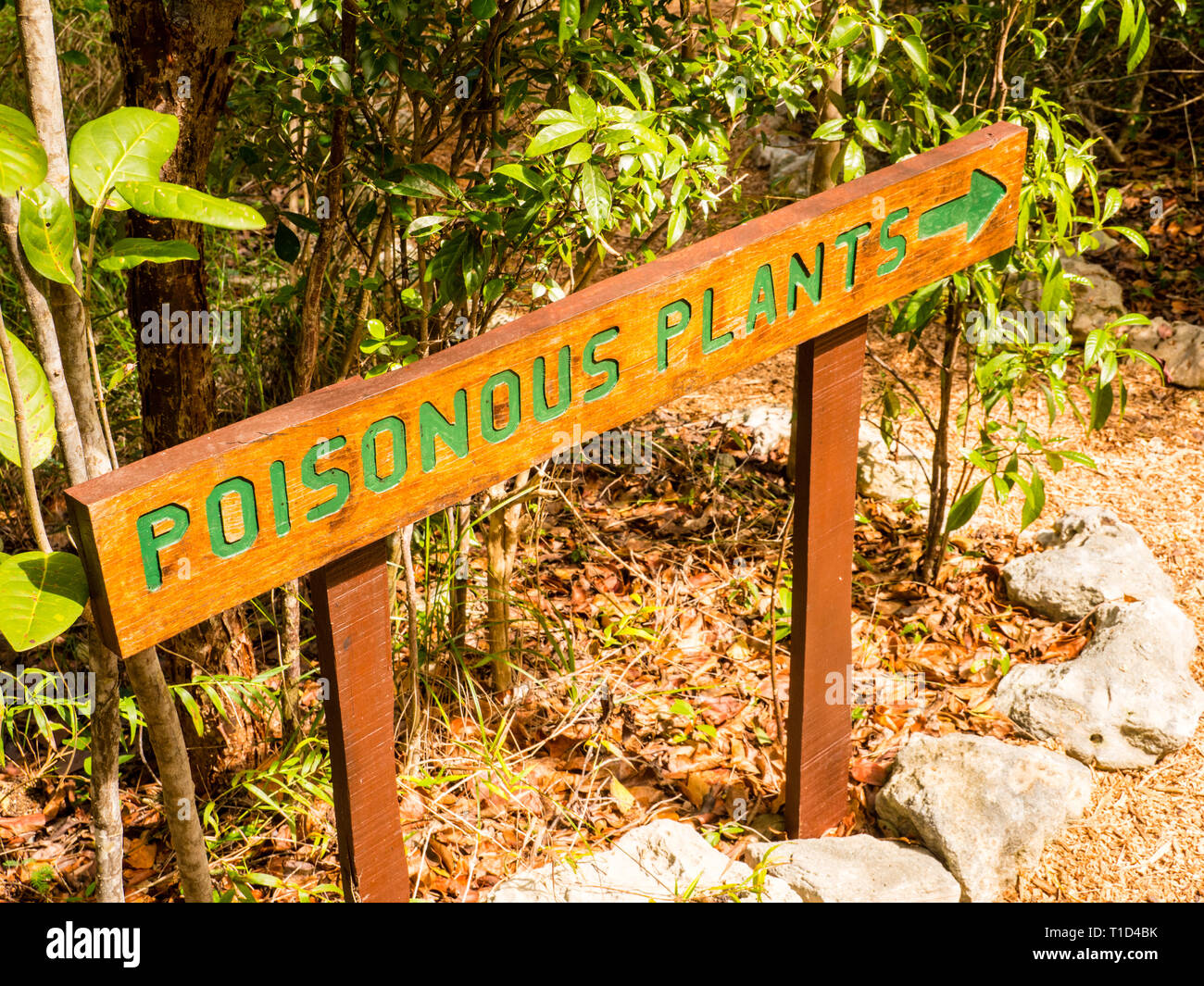 Poisonous Plants Sign, Leon Levy Native Plant Preserve, Governors Harbour, Eleuthera, The Bahamas. Stock Photo