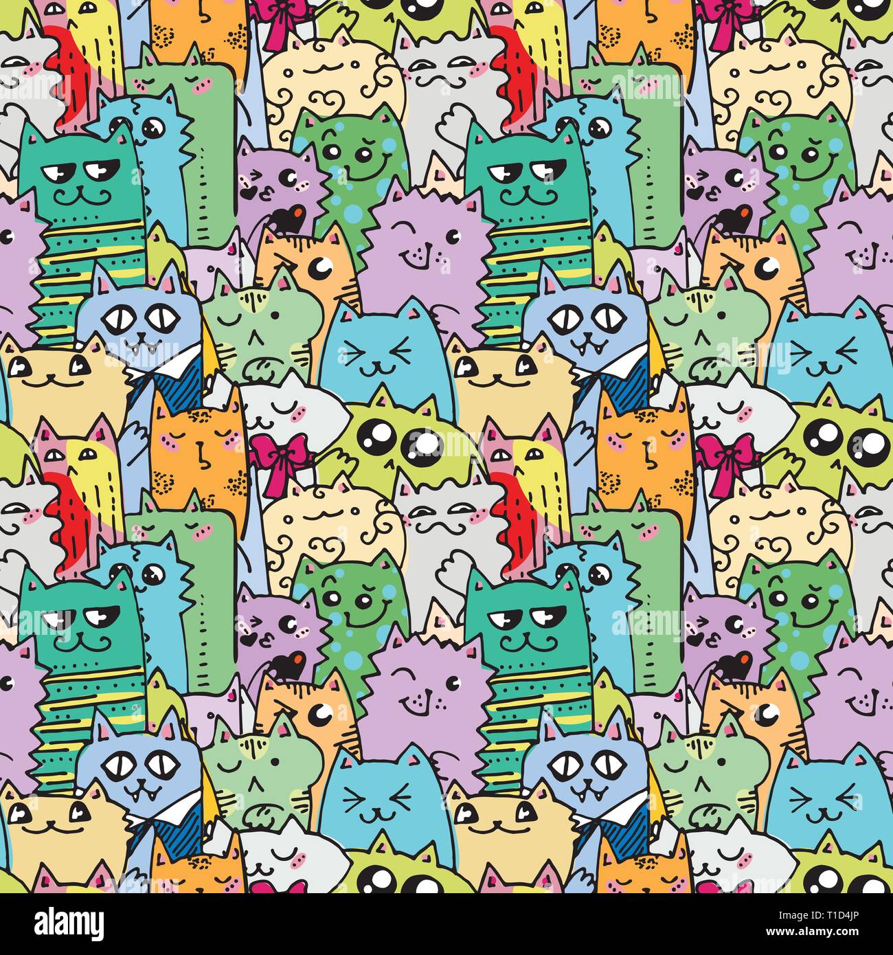 Cute doodle cats seamless pattern. Great for coloring book, wrapping ...