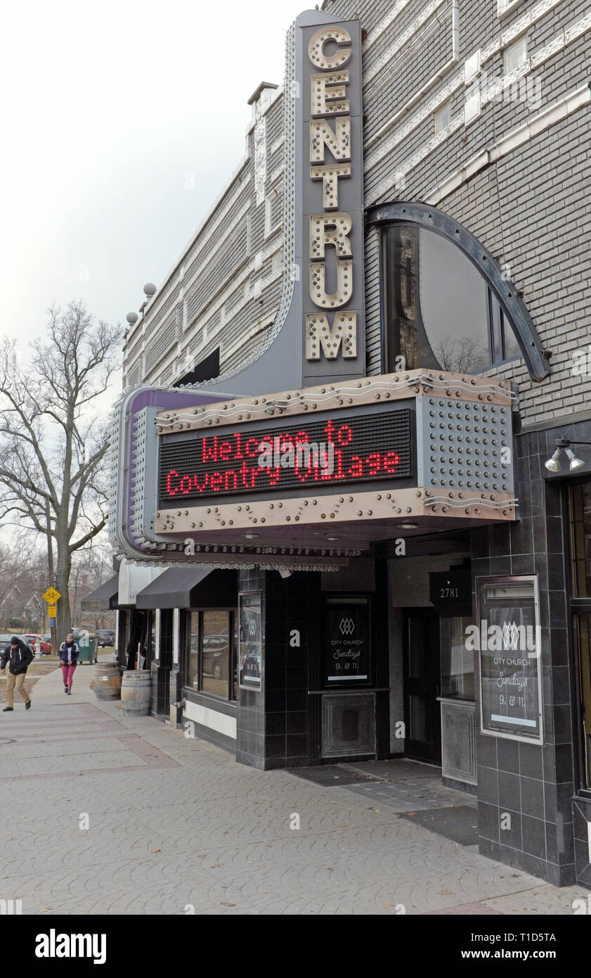 The historic Centrum Theater in the Coventry Village neighborhood of Cleveland Heights, Ohio, USA has a rich history in this counterculture area. Stock Photo