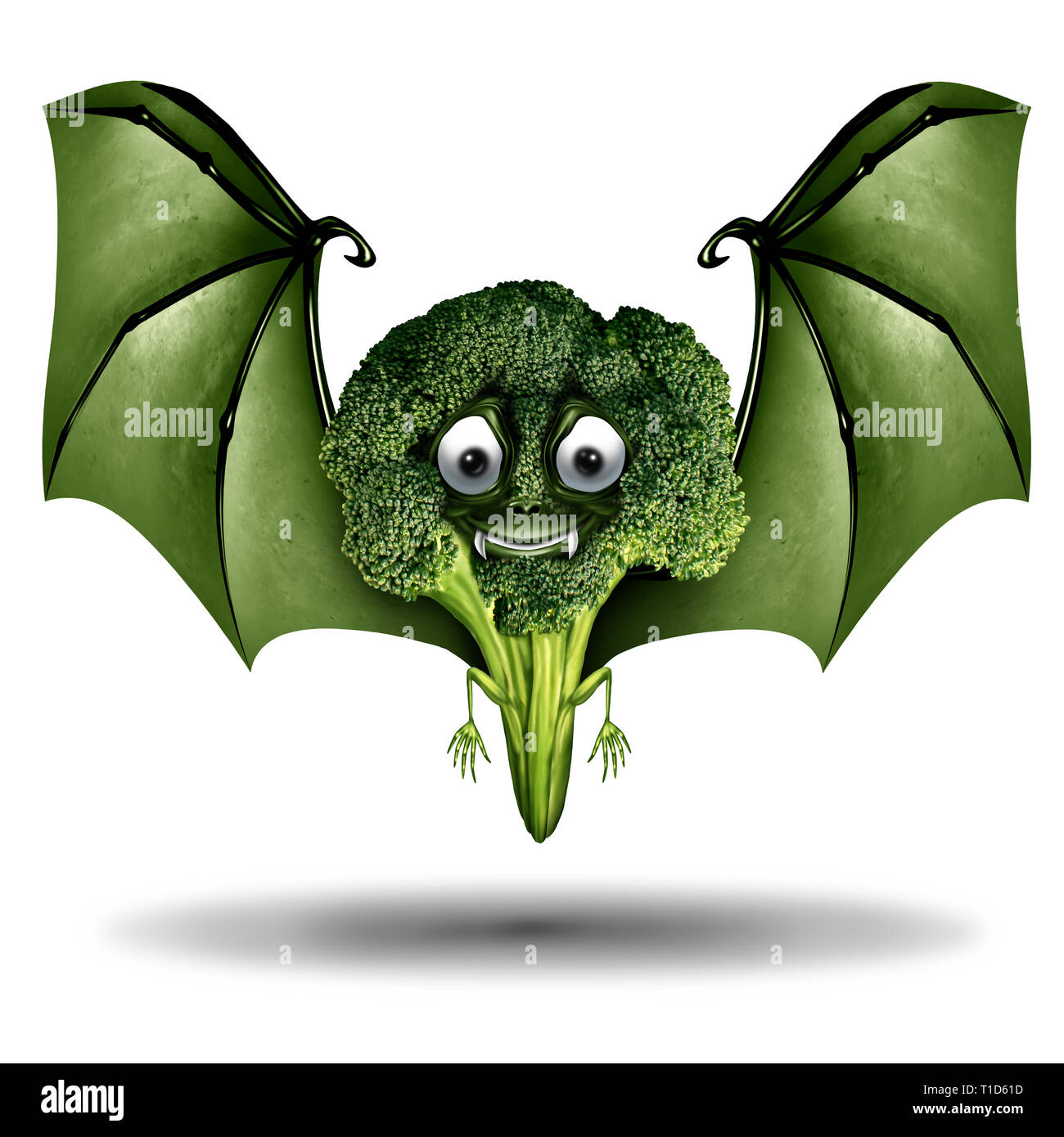 Cute scary broccoli character as a funny vegetable or genetically modified organism as a GMO or hybrid concept with 3D illustration elements. Stock Photo