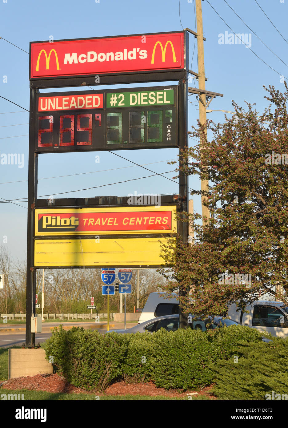 Gas prices sign and McDonalds sign at Pilot Truck stop in Monee