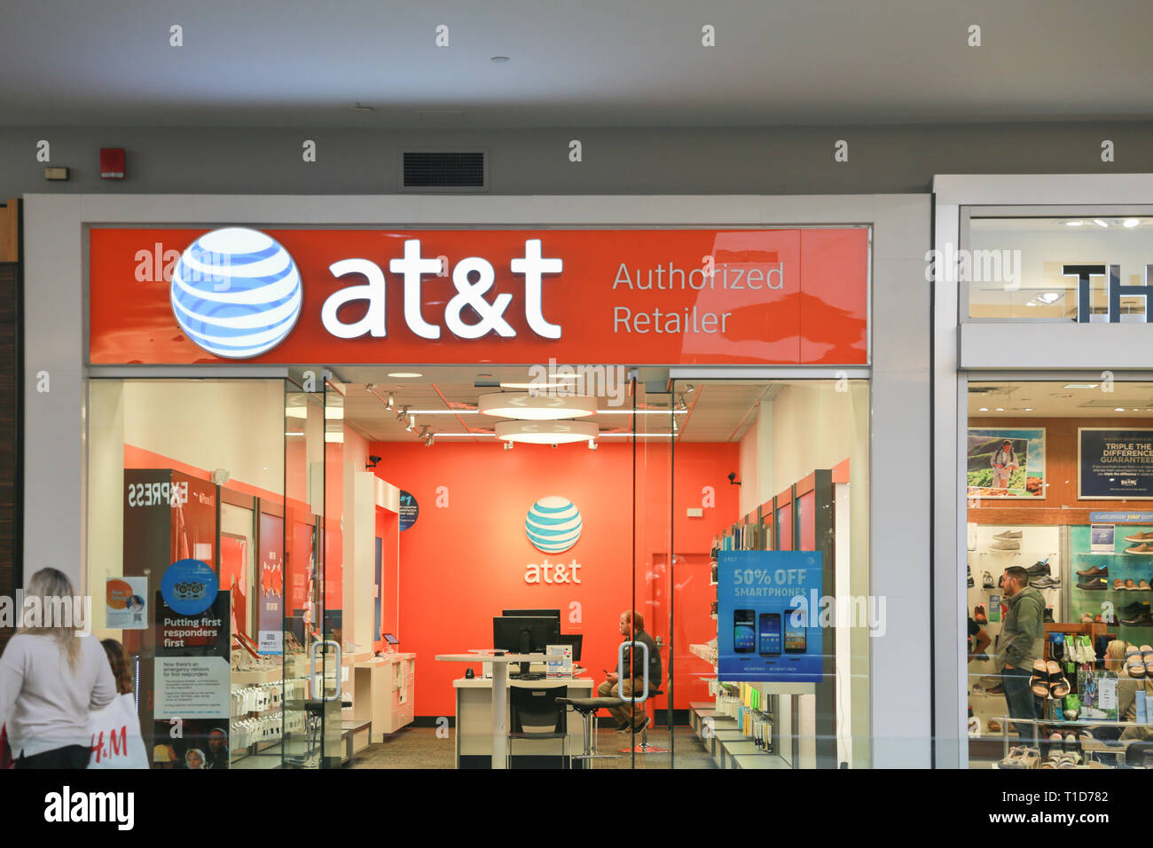 Lawrence Township New Jersey, February 24, 2019: AT&T Retail Store. AT&T Inc. is an American Telecommunications Corporation IX Stock Photo