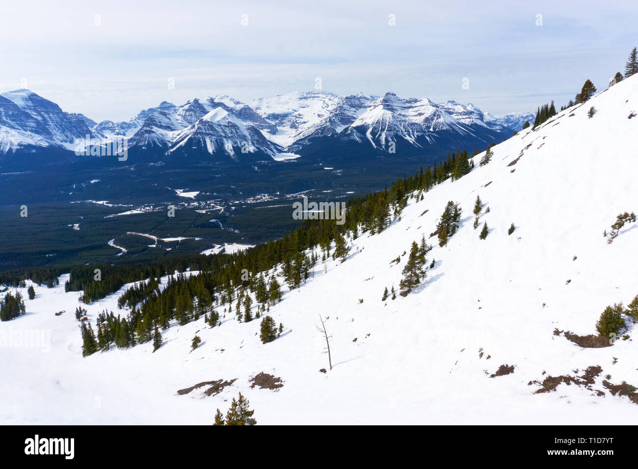 Snow-capped mountain landscape showing Mount Victoria glacier of the Canadian Rockies at Lake Louise near Banff National Park in Alberta, Canada. Stock Photo