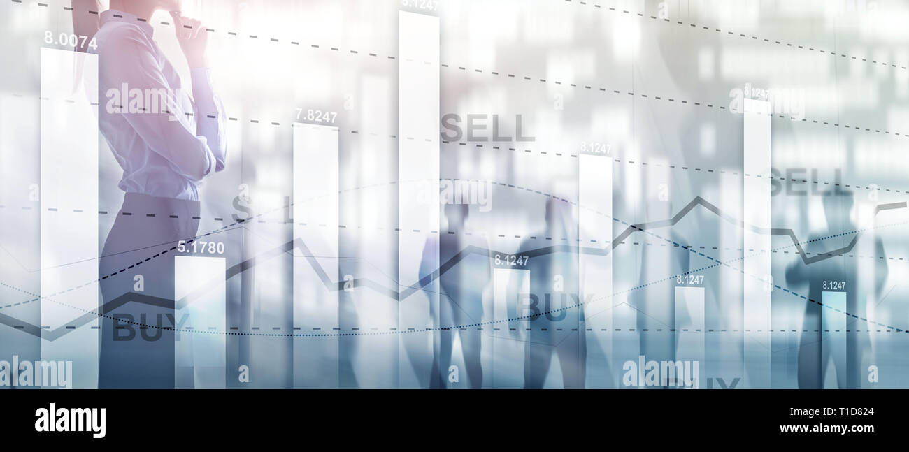 Financial stock trading graph chart diagram business finance concept double exposure mixed media. Stock Photo