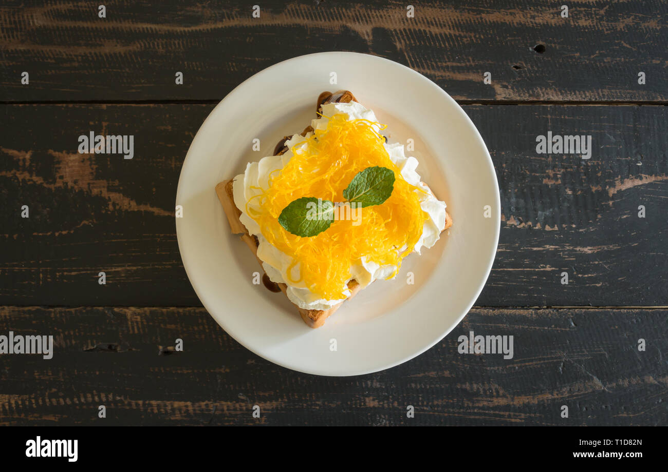 Golden Egg Yolk Threads or Foi Thong Toast and Whipped Cream and