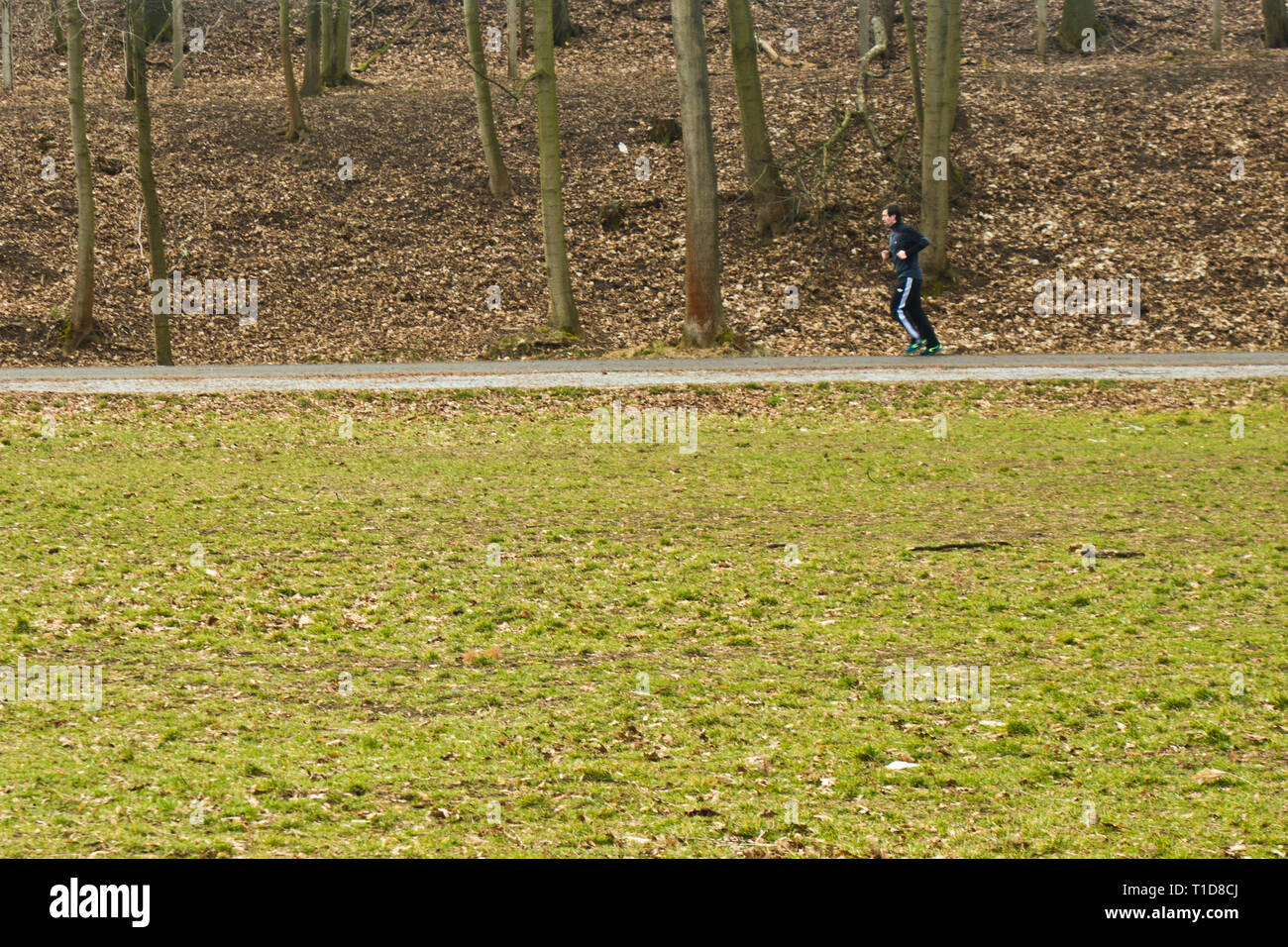 man jogging in the park in winter Stock Photo