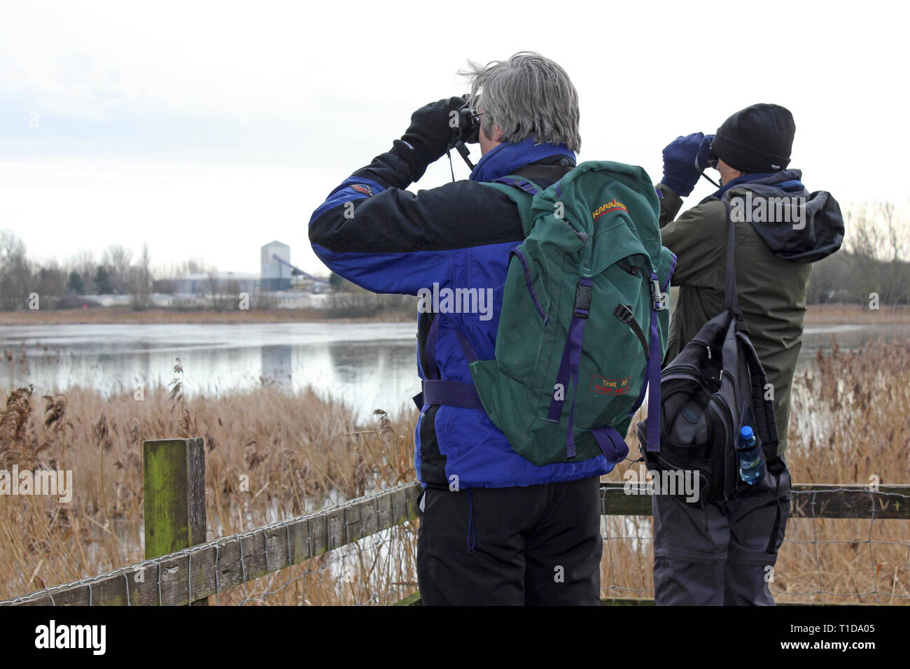 Birdwatchers At Marton Mere Nature Reserve on a Winters Day Stock Photo