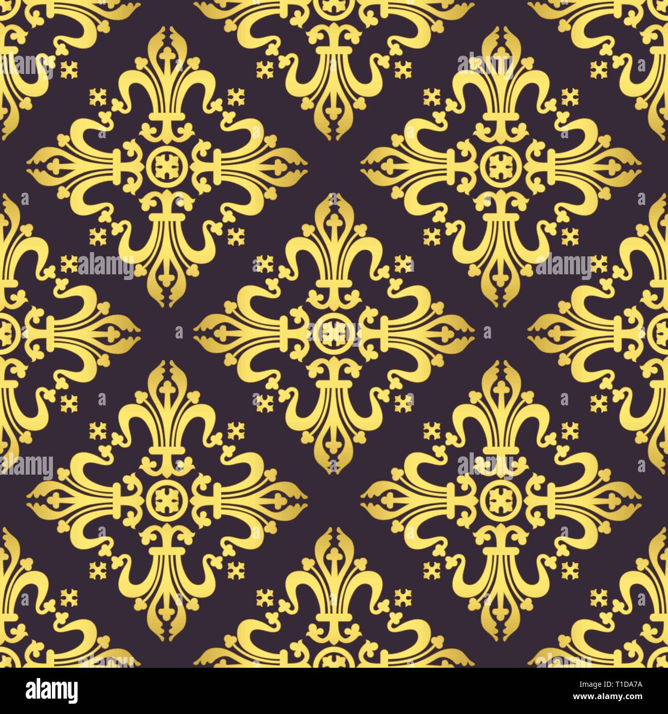 Vintage baroque ornament, damask floral luxury seamless pattern, vector illustration. Gold oriental tracery on dark purple background, retro antique r Stock Vector