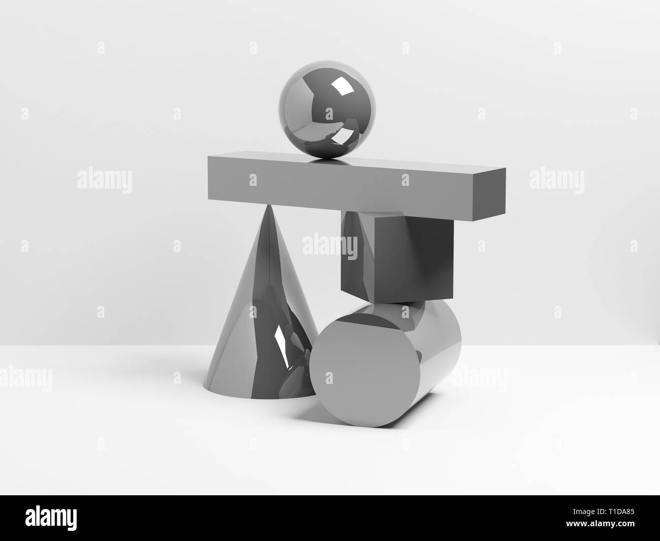 Abstract equilibrium concept, installation of metallic primitive geometric shapes. 3d render illustration Stock Photo