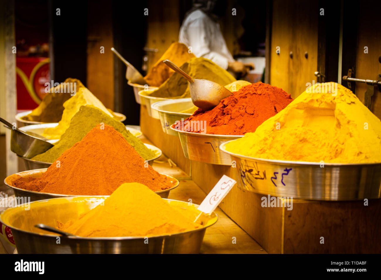 Various spices, displayed at a market near Abu Dhabi, UAE. Spices are part of the cultural heritage of the countries of the Middle East. Stock Photo