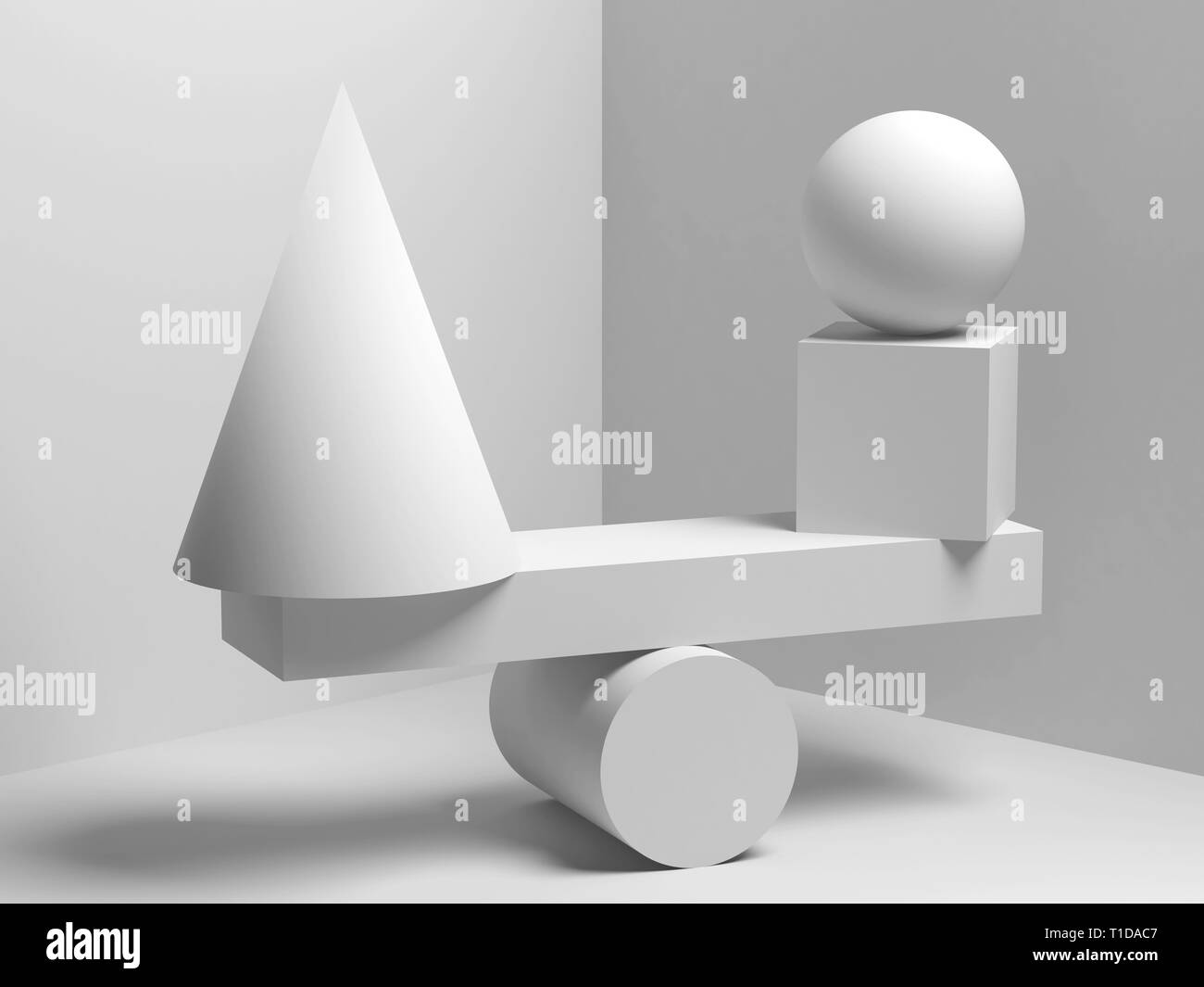 Abstract equilibrium installation of balancing white geometric shapes. 3d render illustration Stock Photo