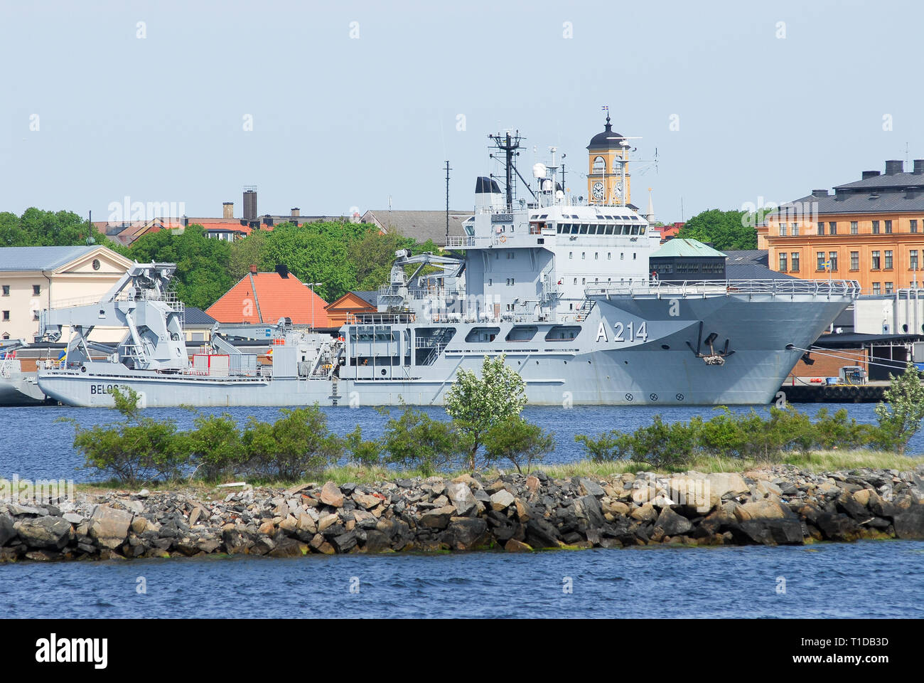 HSwMS Belos A214 submarine rescue ship in 1st Submarine flotilla of Swedish Navy in Karlskrona örlogsbas (Karlskrona naval base) listed World Heritage Stock Photo
