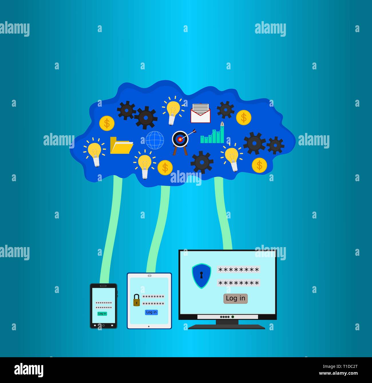 Business technology device access cloud internet with safety information Stock Vector