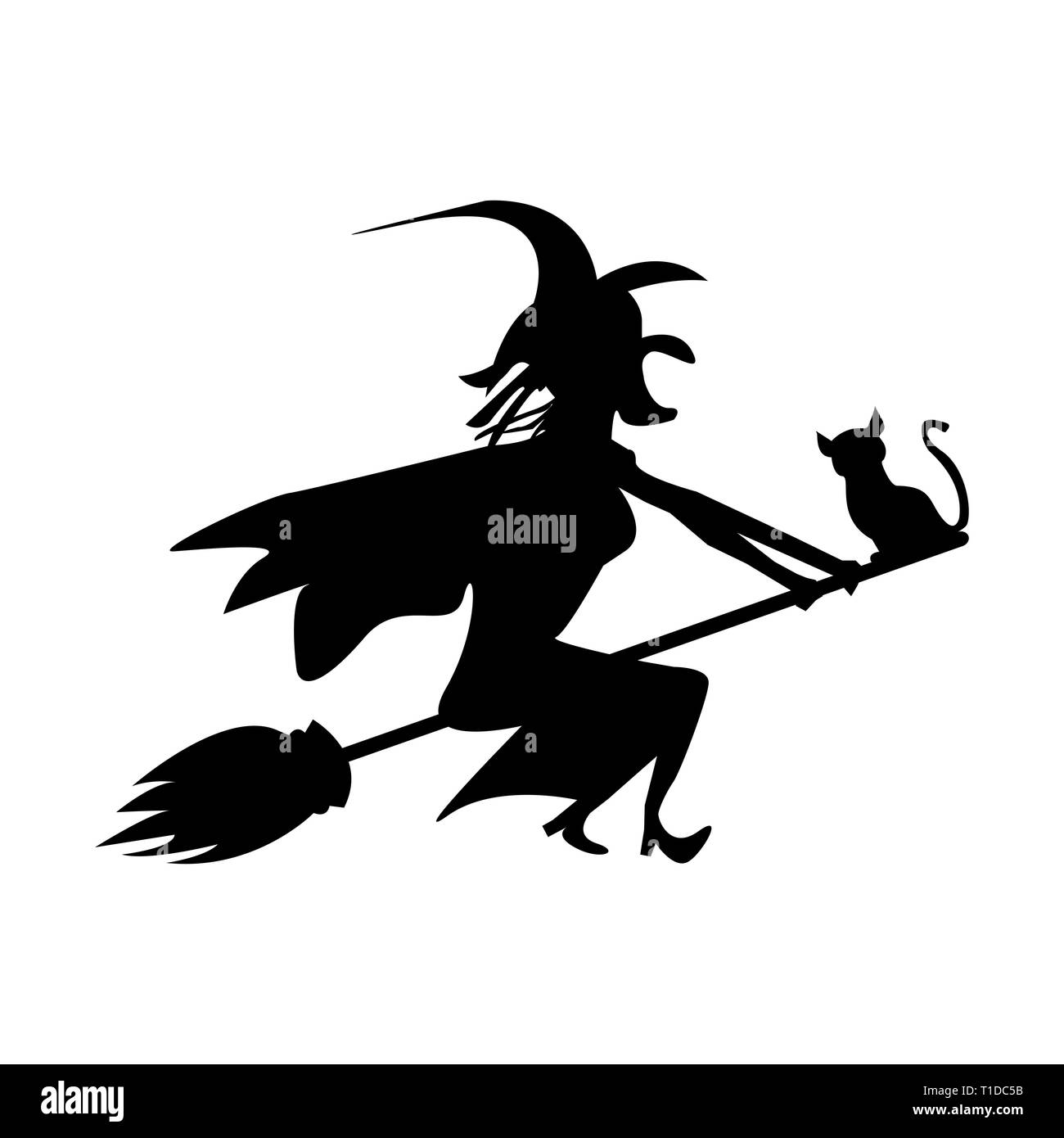 witch and cat are flying on a broomstick Stock Vector