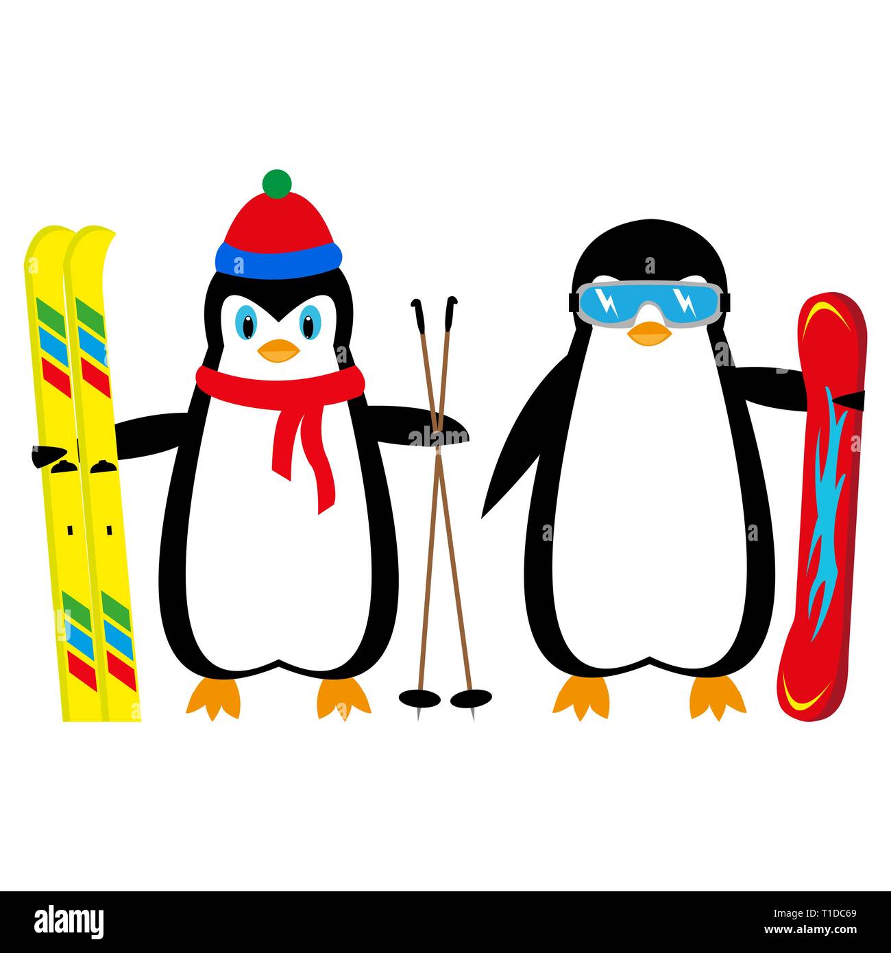 cartoon penguins snowboarder and skier Stock Vector
