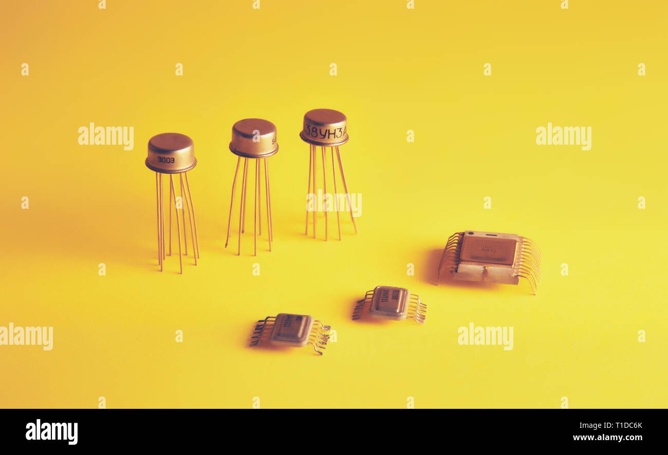 radio distributions and microcircuits on a yellow background, long shadows Stock Photo