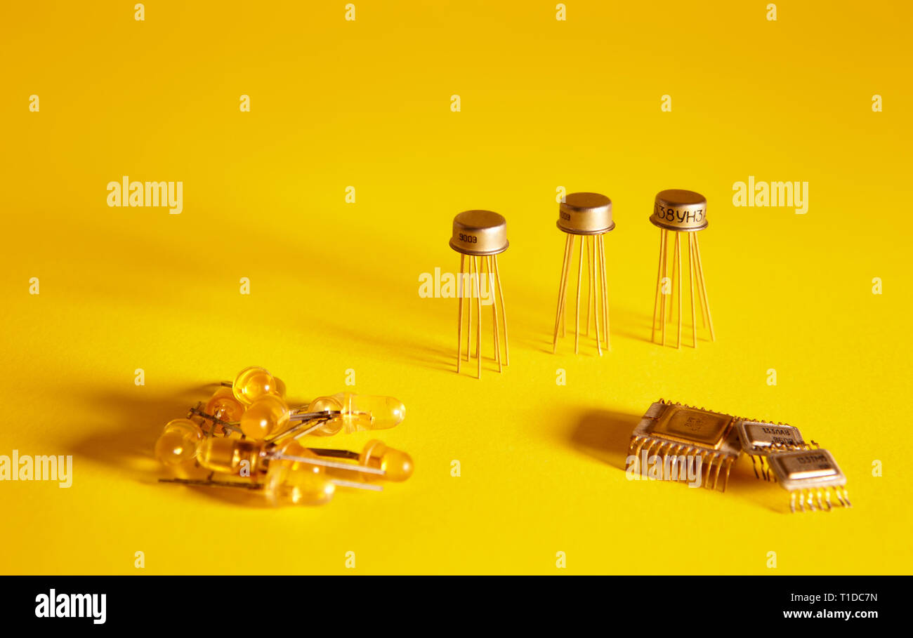 radio distributions and microcircuits on a yellow background, long shadows Stock Photo
