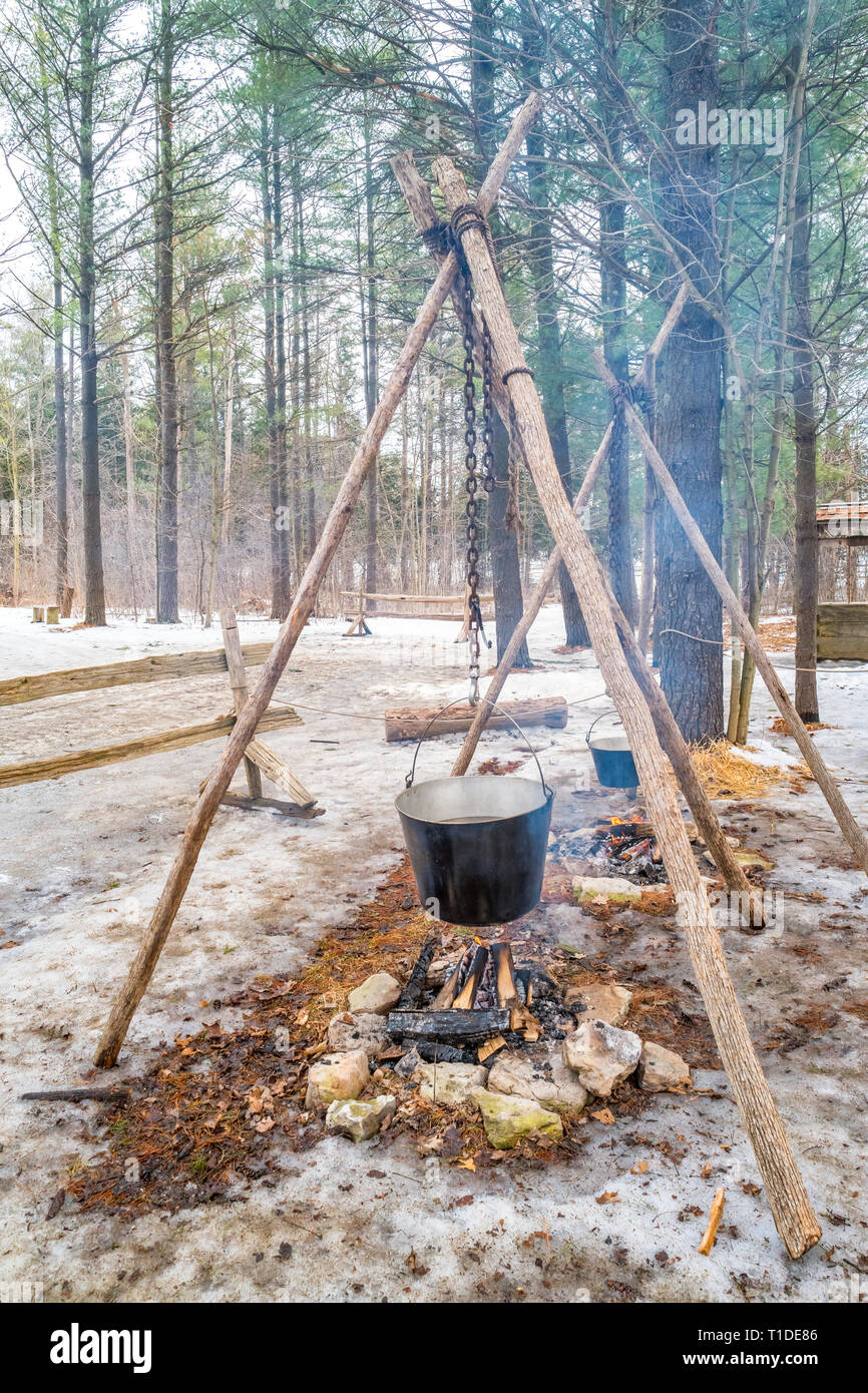 Traditional maple syrup production in Westfield Heritage Village near