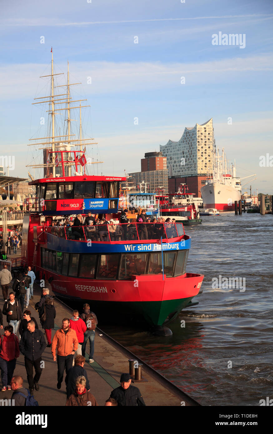 HADAG ferry at Jetty pier Landungsbrücken,  Hamburg harbour, Germany, Europe Stock Photo