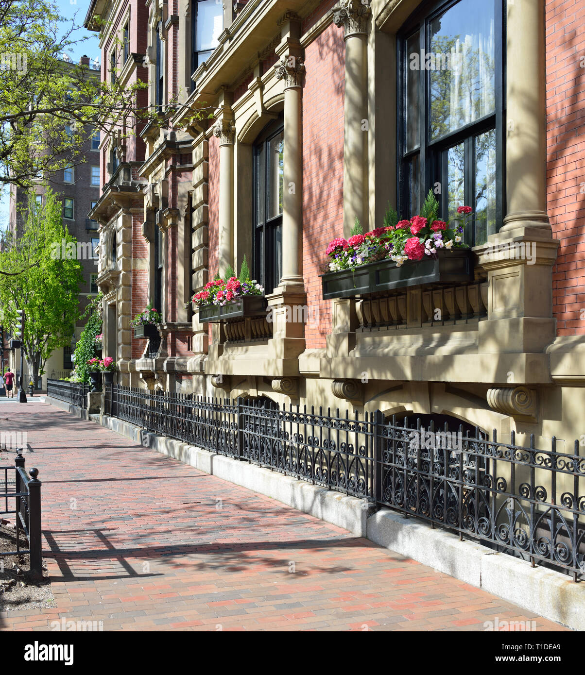 Victorian architecture of Back Bay, Boston. Elegant townhouses, brick sidewalk, window boxes, decorative iron fences Stock Photo