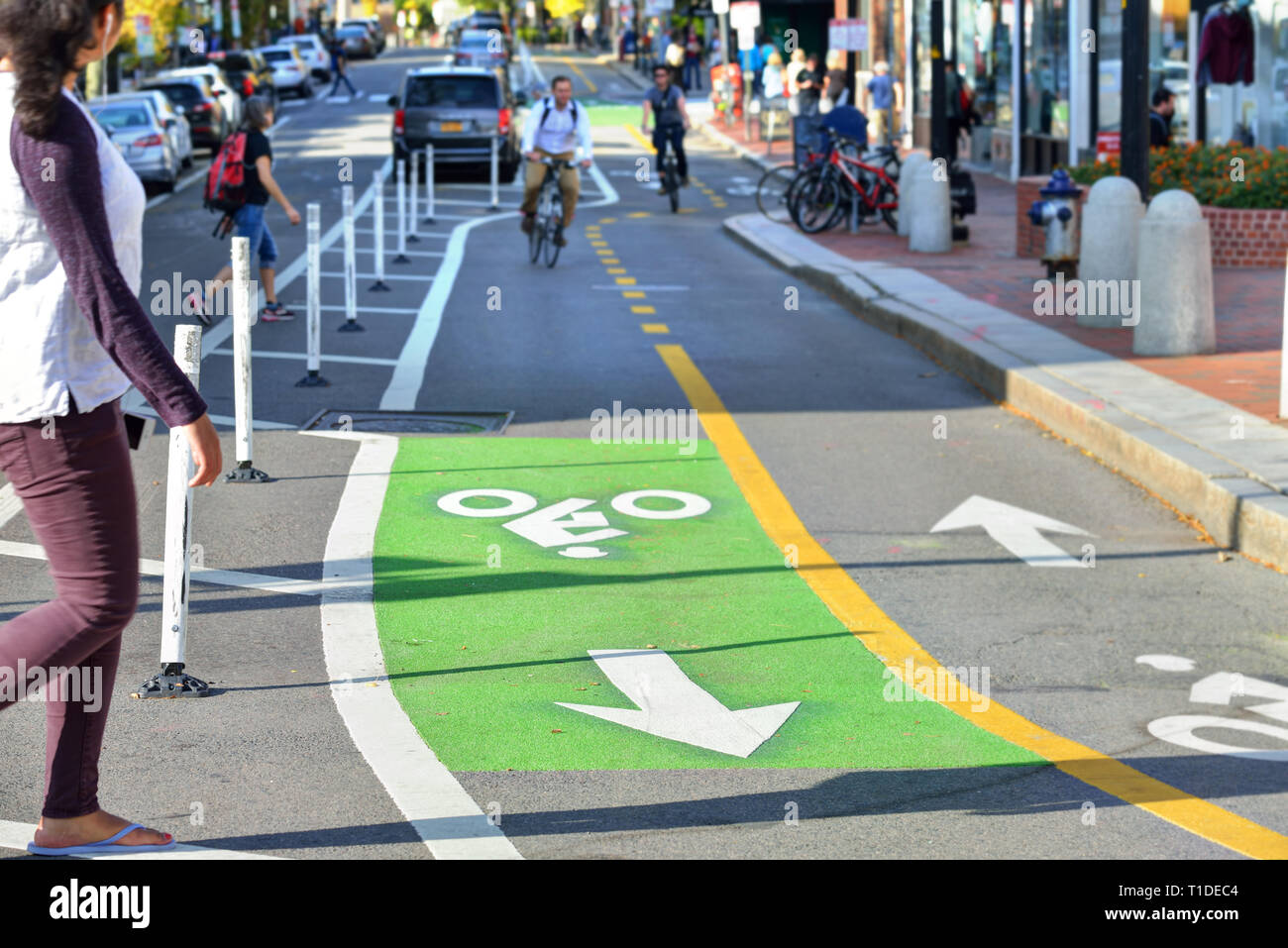 Two-way protected bike lanes with pavement markers, striped median, buffer zone and flexible delineators in city street Stock Photo