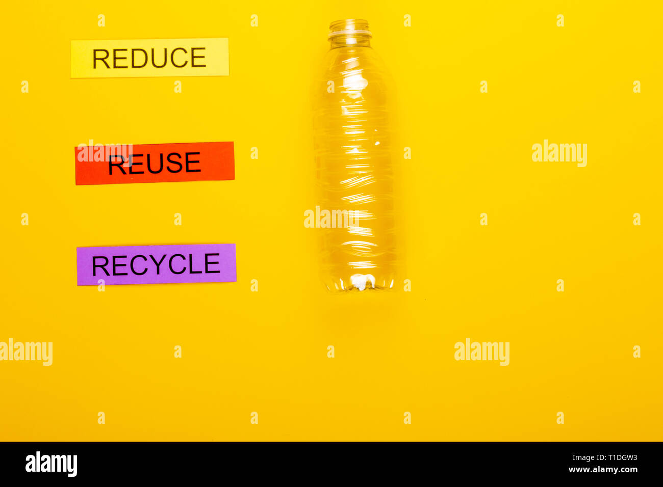 Recycling concept showing reduce, reuse, recycle & plastic on a yellow ...