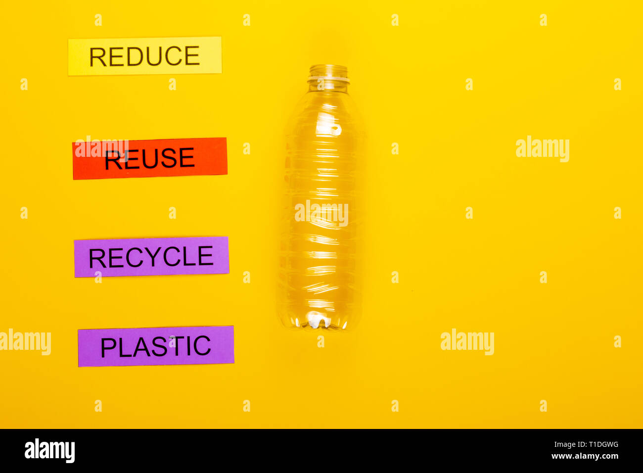 Recycling concept showing reduce, reuse, recycle & plastic on a yellow ...