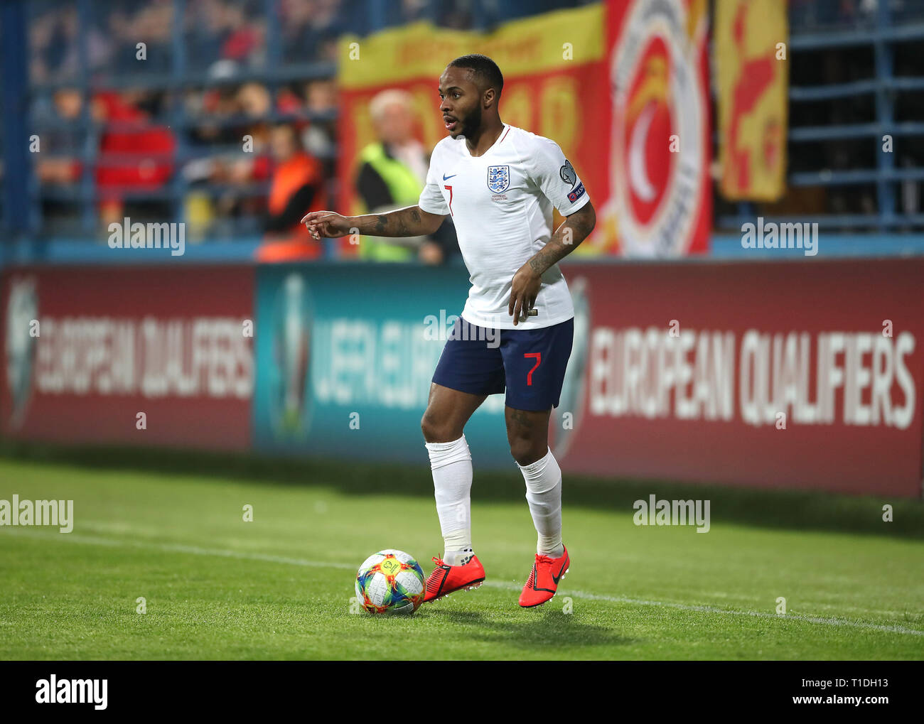 England's Raheem Sterling during the UEFA Euro 2020 Qualifying, Group A match at the Podgorica City Stadium. Stock Photo