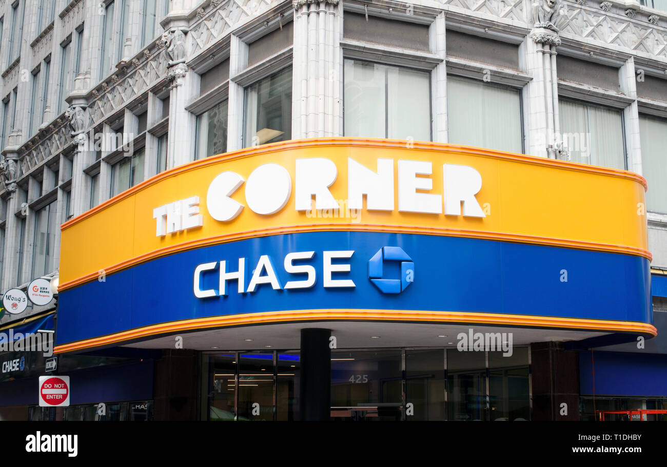 Chase Bank sign and The Corner in Downtown Crossing Boston, Massachusetts USA Stock Photo