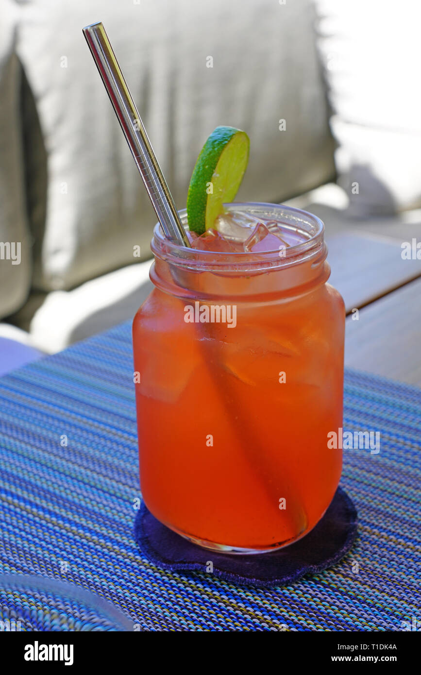 Drinking A Pink Strawberry Lemonade In A Mason Jar With A Straw Stock Photo Alamy